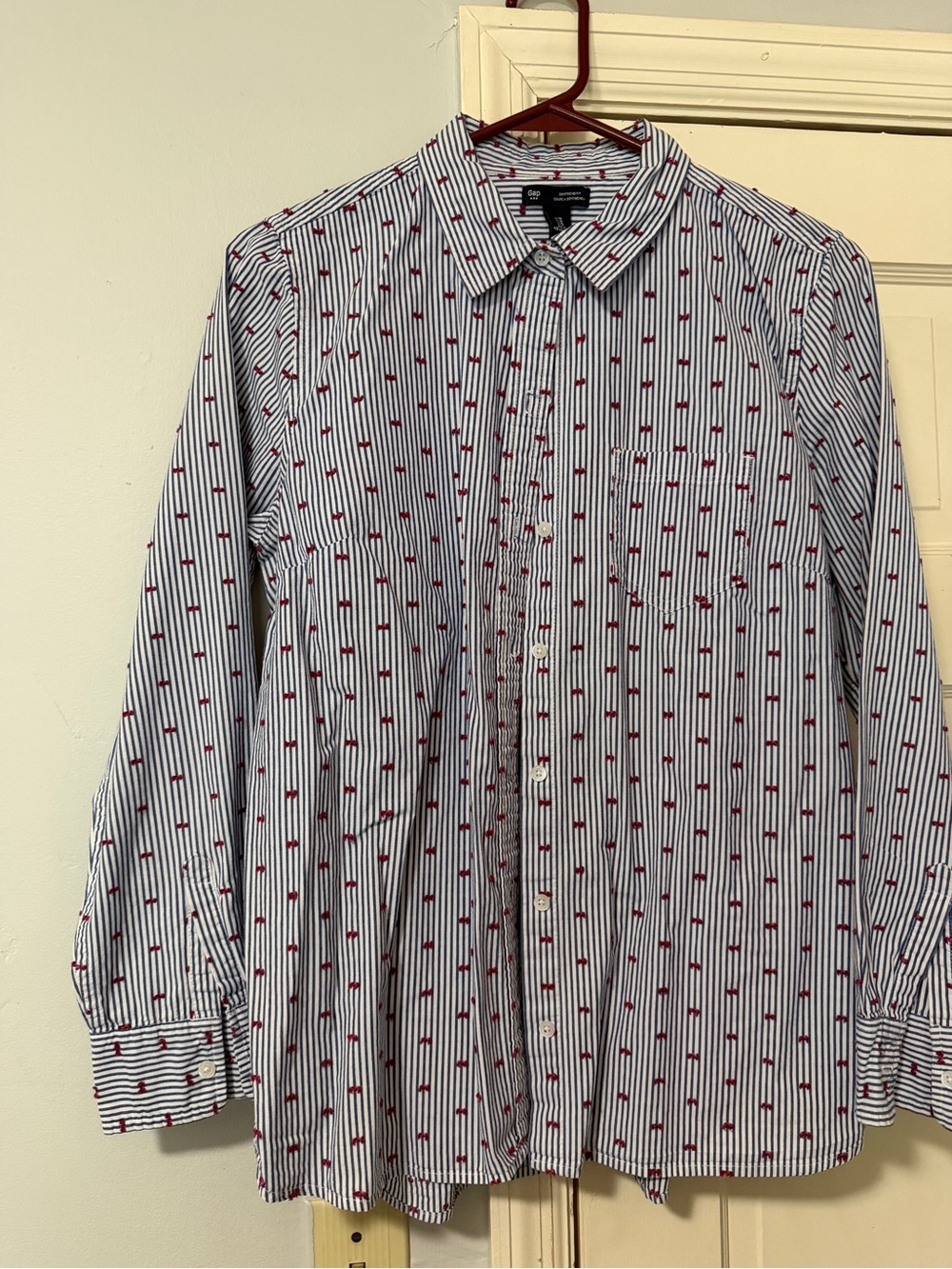 Gap Women’s  Blue Striped Button-Down Shirt with Red Accent